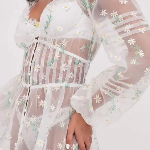For Love And Lemons Sheer White Floral Lia Robe